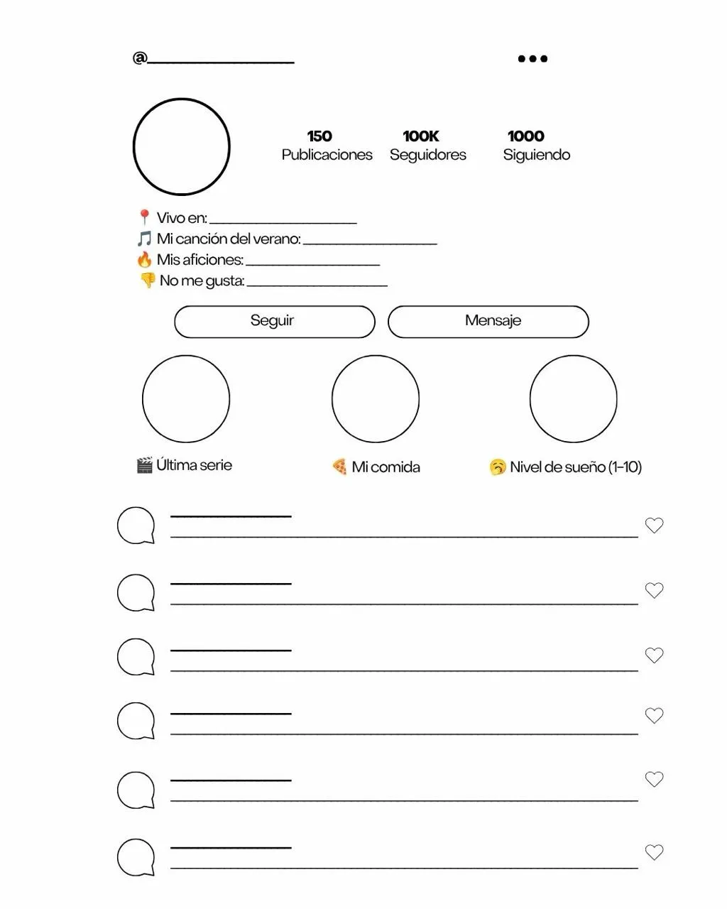 La fotocopia del profilo Instagram vuoto da completare, con gli spazi per la bio, le storie in evidenza e i commenti dei compagni